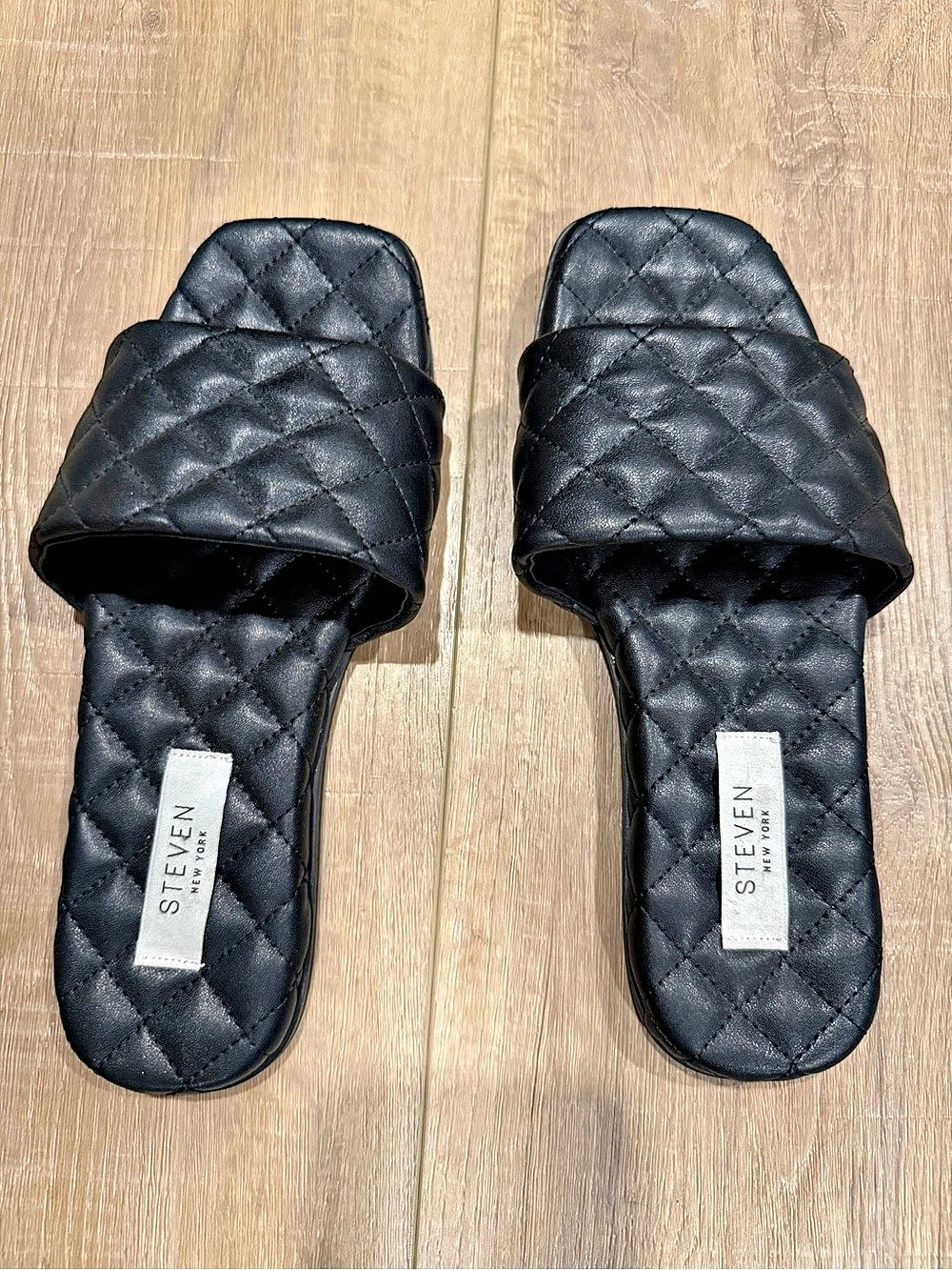 Steven Quilted Slide Sandals in Black